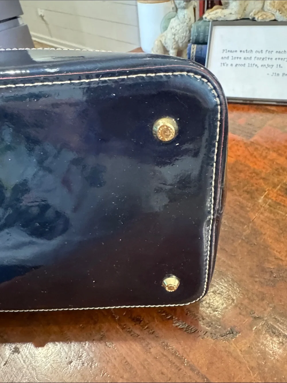 Arcadia Patent Dome Satchel in Navy with Red Trim